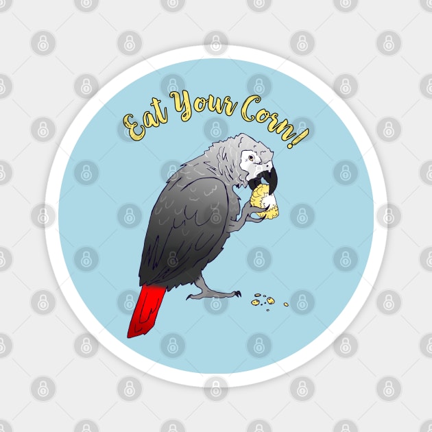 African Grey Parrot eating Corn Magnet by Einstein Parrot